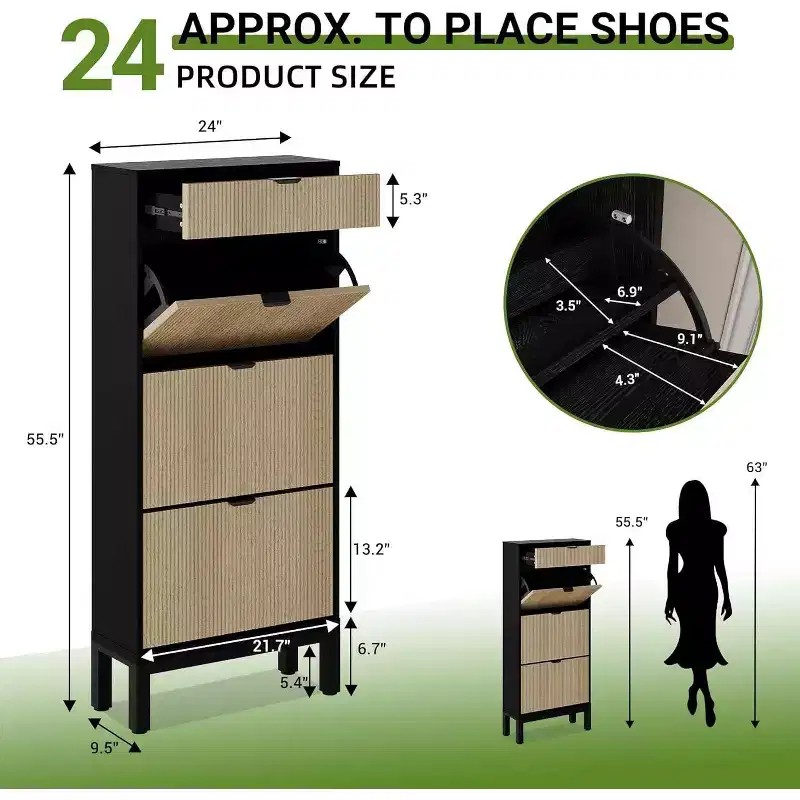 Wooden Shoe Storage Cabinet with 3 Flip Drawers, Farmhouse Fluted Shoe Rack with Iron Legs for Entryway, Sturdy Narrow Shoe Rack with Metal Legs