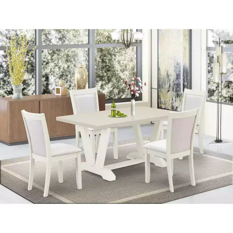 HomeStock 5-Piece Rectangle Wire Brushed Linen White Finish Solid Wood Top Dining Table with 4 Parson Chair