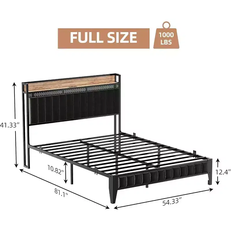 CuisinSmart Bed Frame with Charging Station, LED Bed Frame with Storage Headboard, Upholstered Platform Bed Frame, No Box Spring Needed