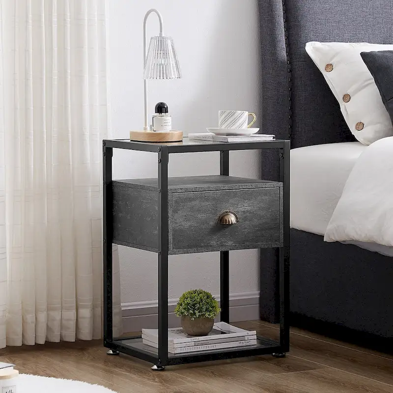 VECELO (Set of 2) Modern 1-Drawer Nightstand with 2-tier Glass Shelves