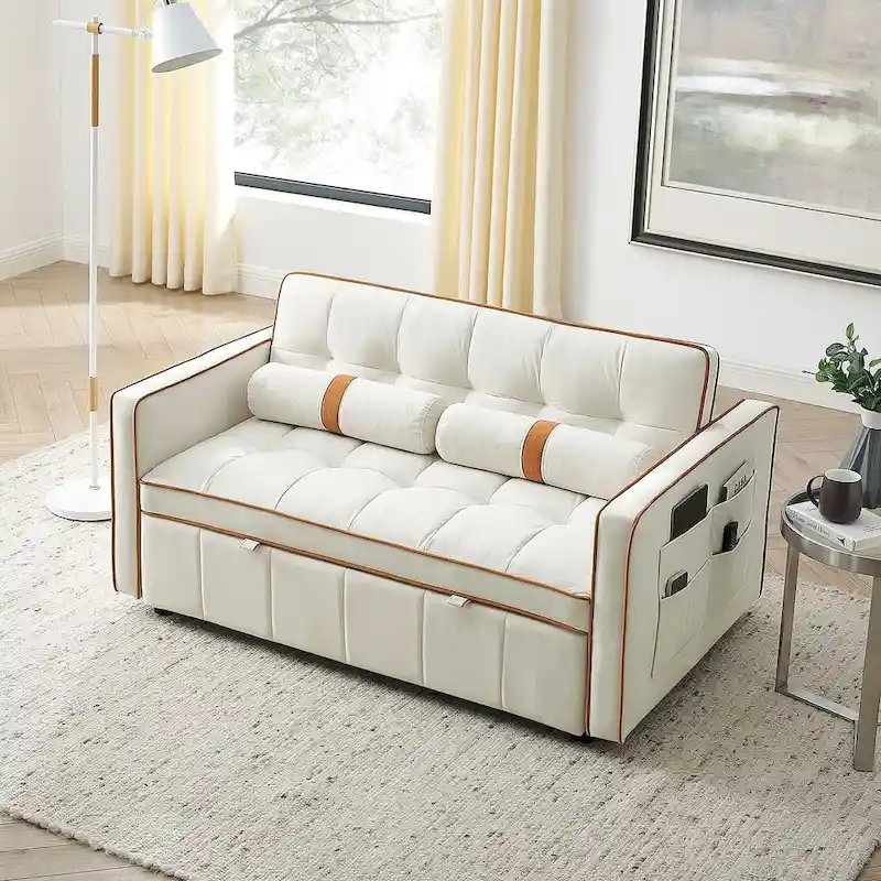 Velvet Multi-Functional Pull-Out Sofa Bed Adjustable Reclining Backrest With Pillows - N/A