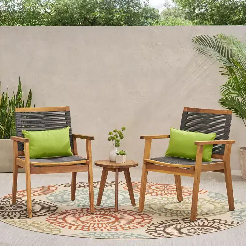 Christopher Knight Home Mcgill Outdoor Acacia Wood and Rope 3 Piece Chat Set, Teak/Dark Gray