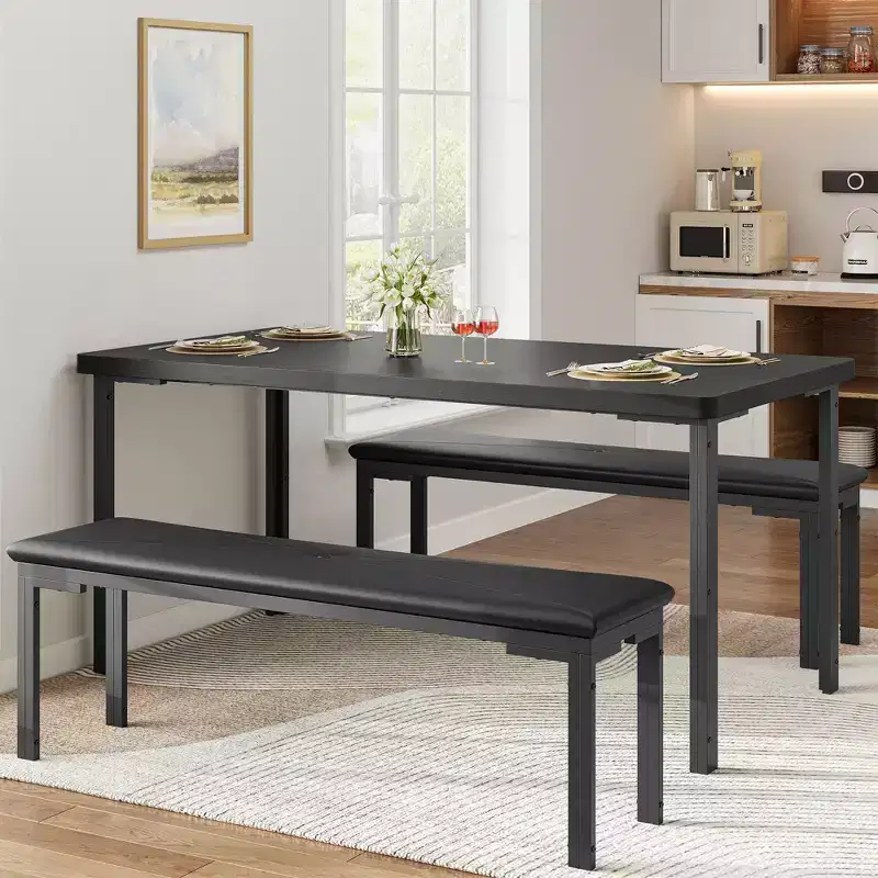Dining Table Set for 4, Kitchen Table with 2 Benches, Metal Frame, Space-Saving Dining Room Dinette Sets for Kitchen, Dining Room