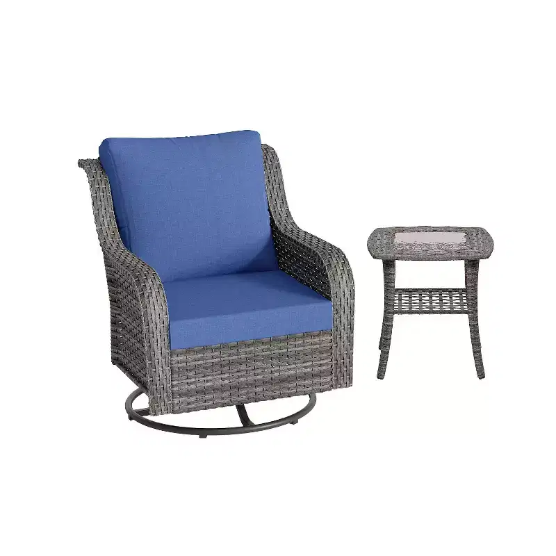 GDFStudio Monterey Wicker and Iron 3 Piece Outdoor Swivel Chat Set with Side Table