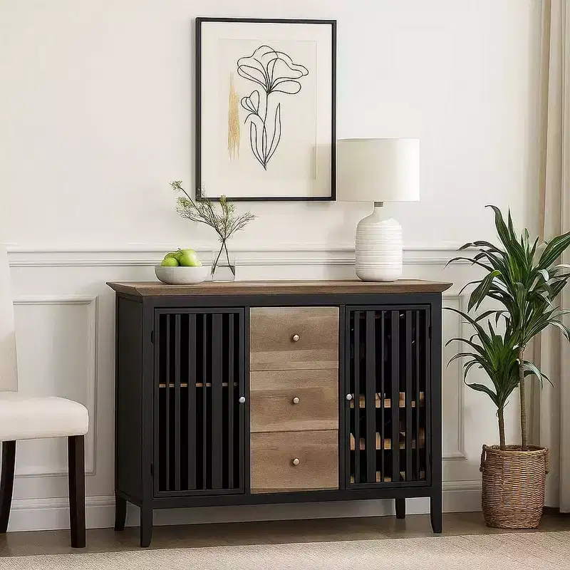 Royal Hampton 47 Inch Sideboard Buffet, 3 Drawers, Antique Oak Brown and Black