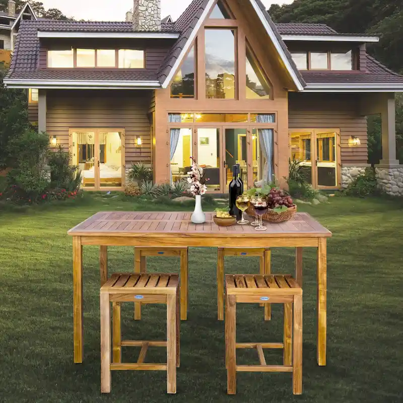 Chic Teak 5 Piece Teak Wood Antigua Patio Counter Height Bistro Set with 63 Rectangular Table and 4 Stools