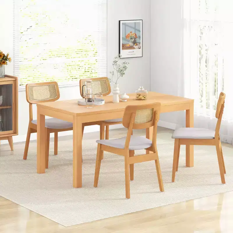 Costway Wooden Rattan Dining Chair Set of 2/4 with Can Back Rubber Wood Frame Padded Seat