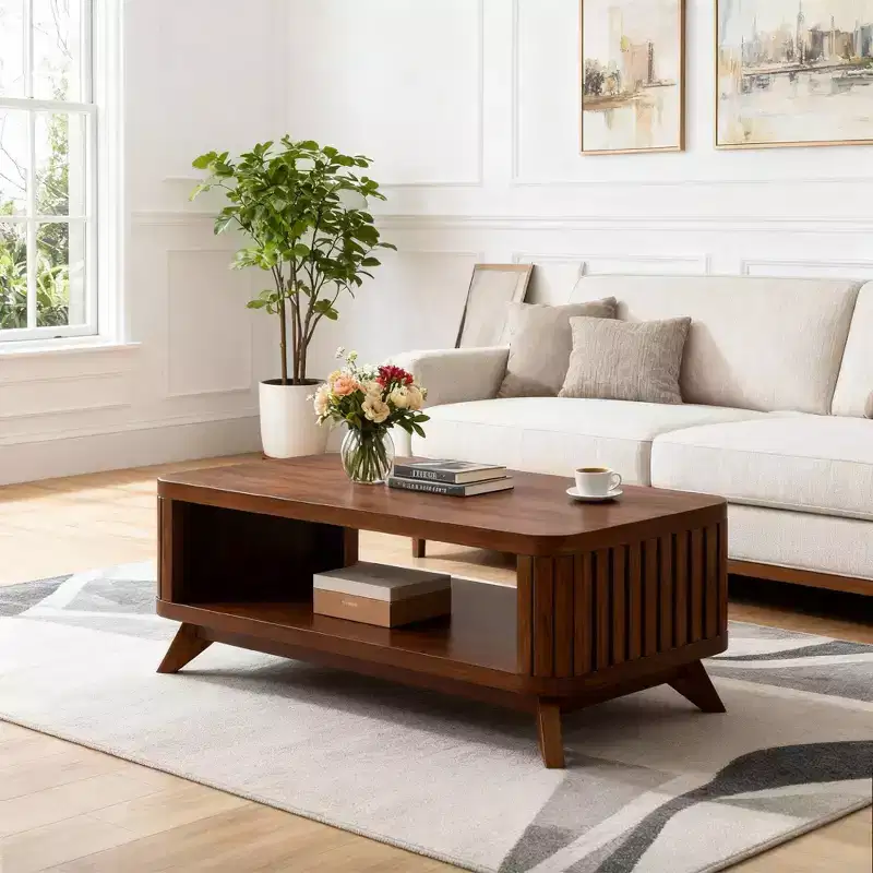 Wood Coffee Table with Solid Wood Legs and Open Storage Shelf, Espresso
