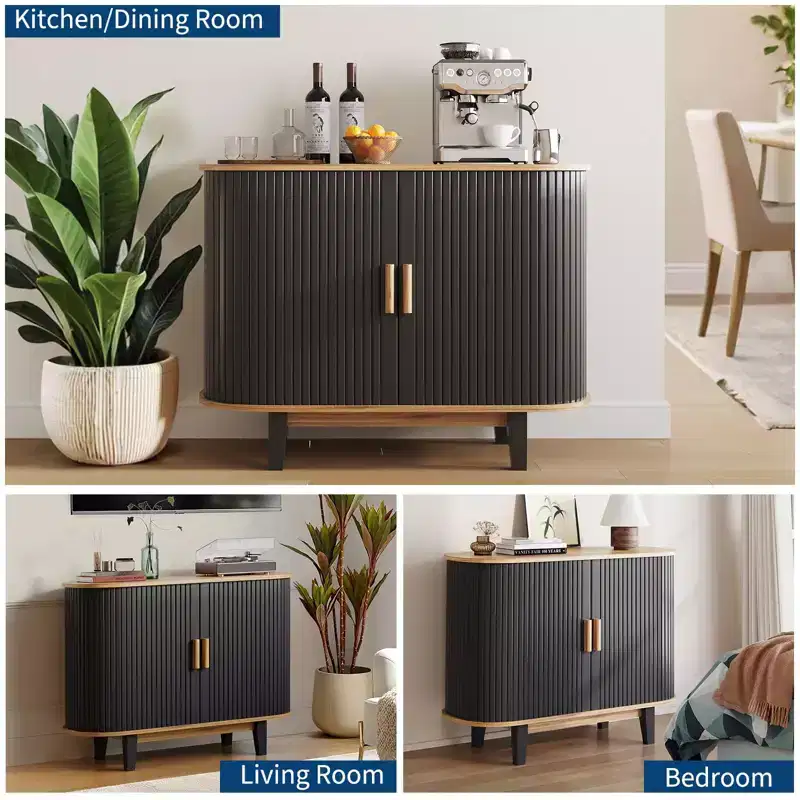 40'' Fluted Sideboard Buffer Cabinet, Storage Cabinet with Sliding Door & Adjustable Shelf, Modern Credenza Storage Cabinets,Tambour Bar Console Table