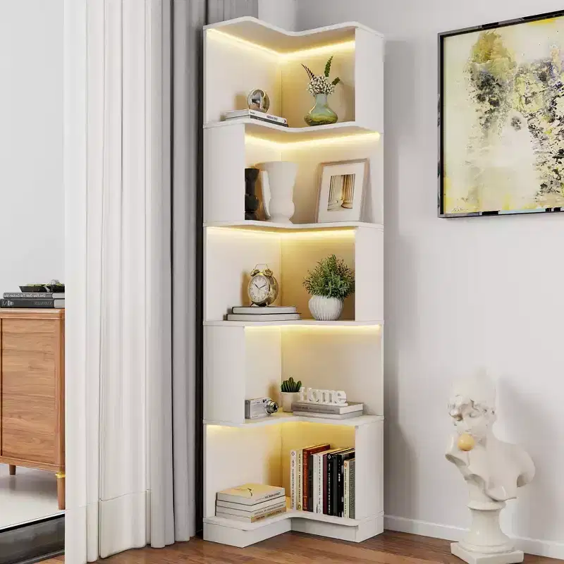 Corner Book Shelf, Storage Shelves with 5 Tier and Baffle, Freestanding L Shaped Storage Organizer for Living Room, Office