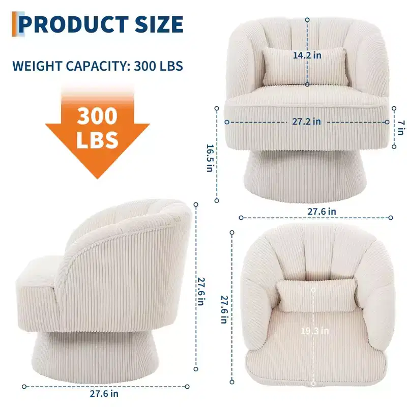 Ultra-Plush Swivel Accent Chair  360 Barrel Lounge with Cloud Padding, Striped Back, Corduroy  Beige