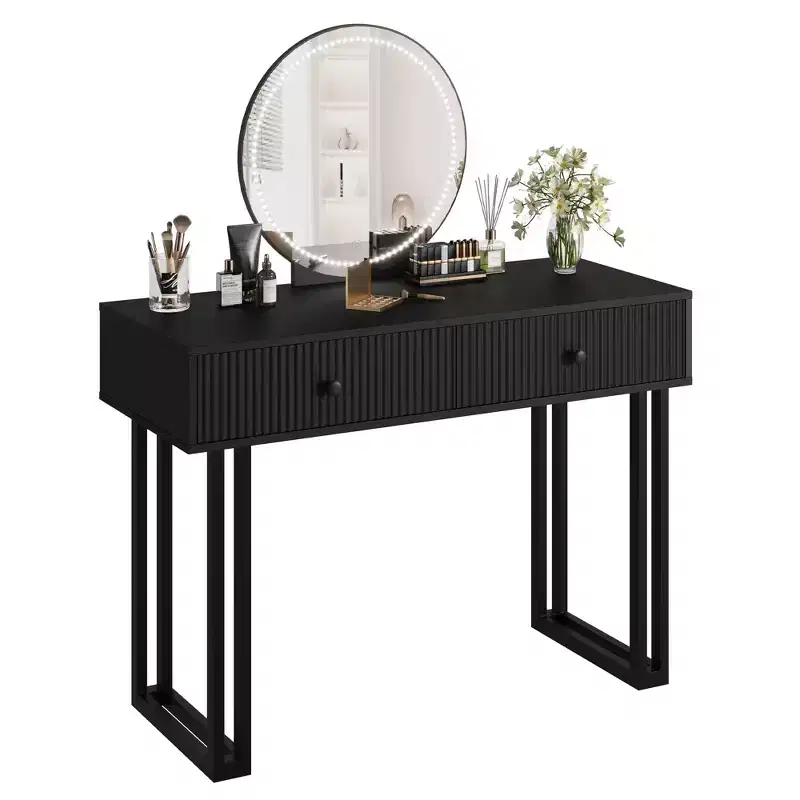 Vanity Makeup Desk with HD Round Mirror, 40 Small Modern Black Vanity Desk, Dressing Table with 2 Drawers, Girls Compact Vanity Desk for Bedroom