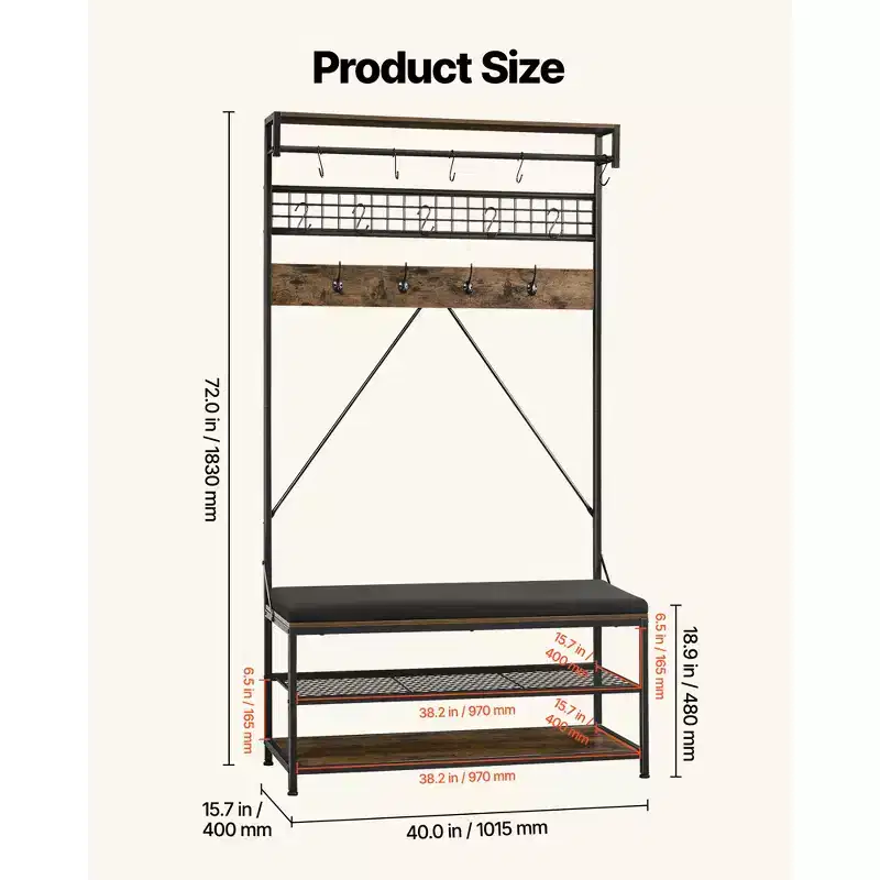 72-Inch Hall Tree Coat Rack with Shoe Bench, 2-Tier Freestanding Shoe Rack, Hooks & Hanging Rod, Brown & Black