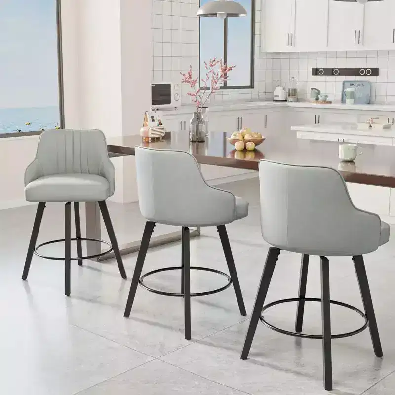 Thick Padded Cushion Wood Legs Modern Bar Stool With 360 Rotation