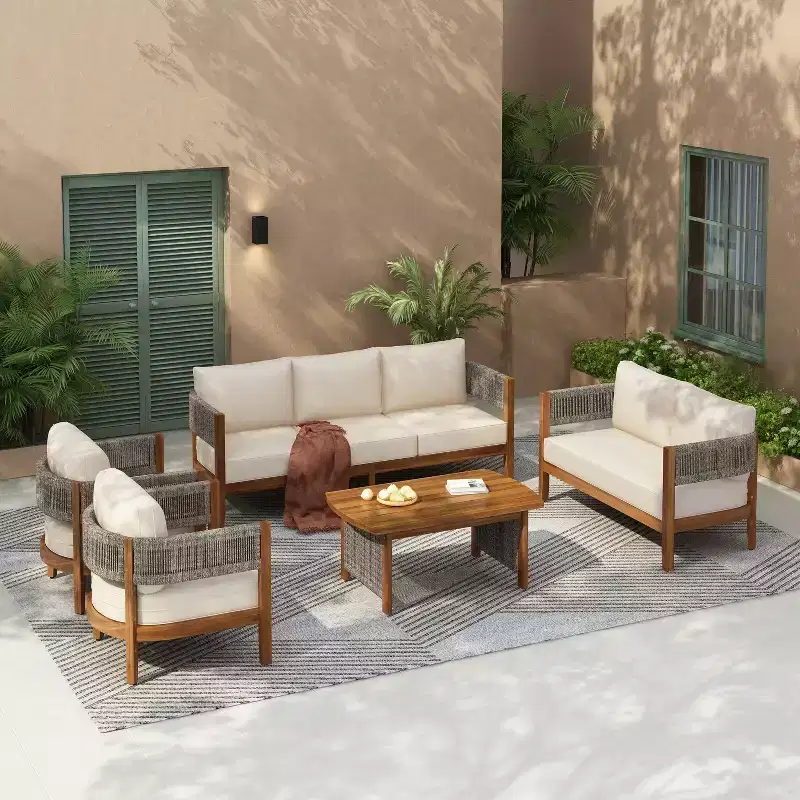 Christopher Knight Home Valentina Patio 5 Piece Rustic Rope Weave Acacia Wood Seating Set with Coffee Table and Cushions