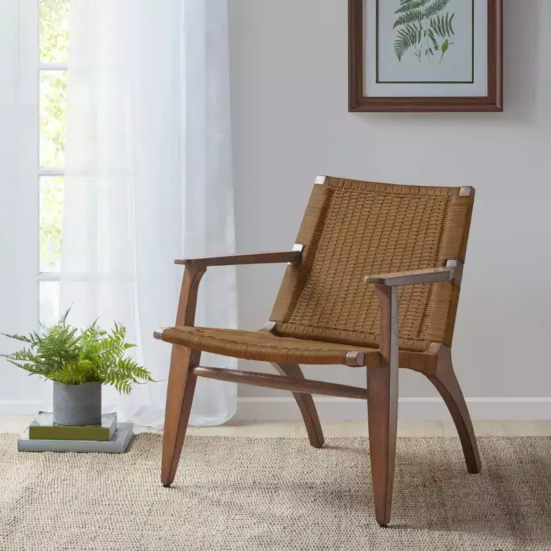 Accent Chair Natural Rattan Back Mahogany Frame