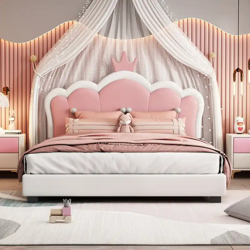 Upholstered Princess Bed With Crown Headboard And Pu Platform Frame,full Size,cream Full Bed