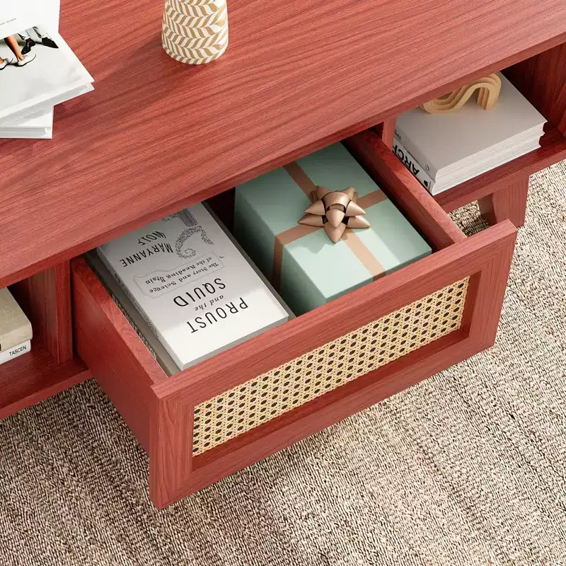 Mid-Century 2-Tier Wooden Coffee Table with Rattan Drawer & Open Shelf, Farmhouse Center Table