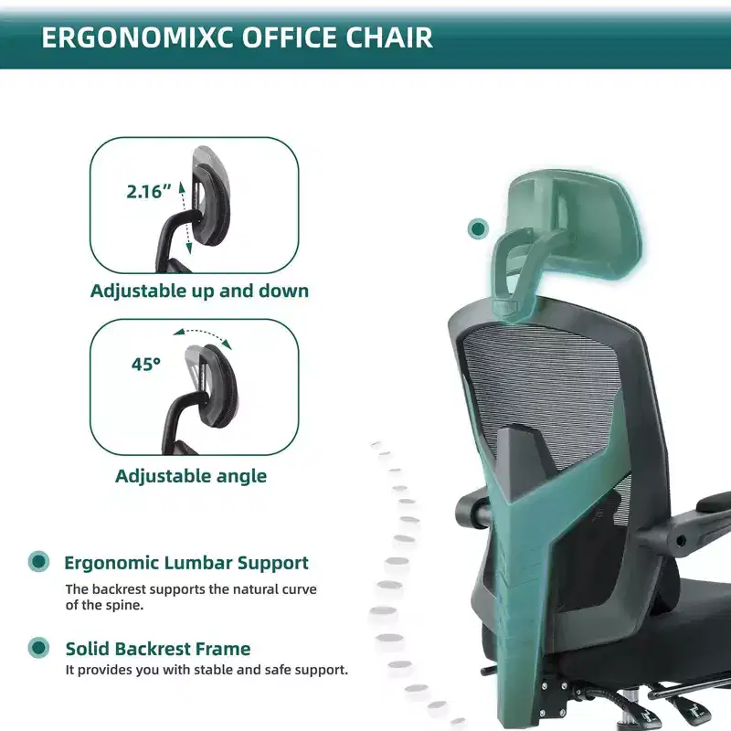 Okak Ergonomic Office Chair with Retractable Footrest, Computer Chair with Lumbar Support Pillow and Padded Armrests, Swivel Chair for Office