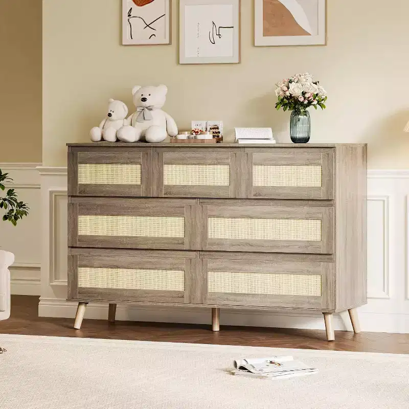 47.2 Inch Wide Rattan 7-Drawer Dresser, Natural Finish with Wood Tone Legs, Multi-Use Storage Organizer for Living Room Closet Nursery