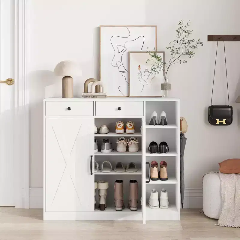 Shoe Storage Cabinet with Modern Farmhouse Design - 6 Adjustable Shelves, 2 Drawers, Freestanding Entryway Cabinet