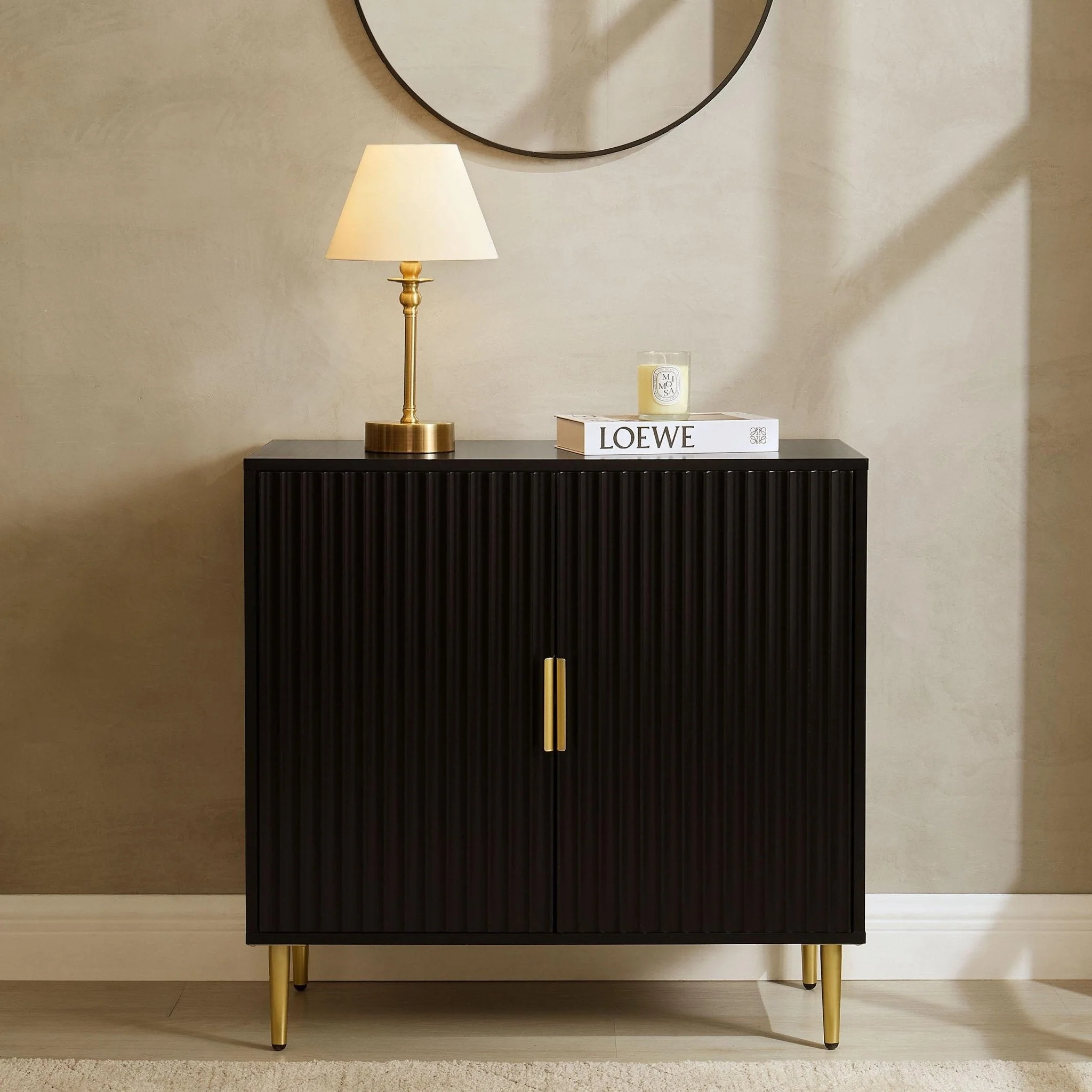 Contemporary Black Painted Compact Sideboard with Gold Accents for Living Room