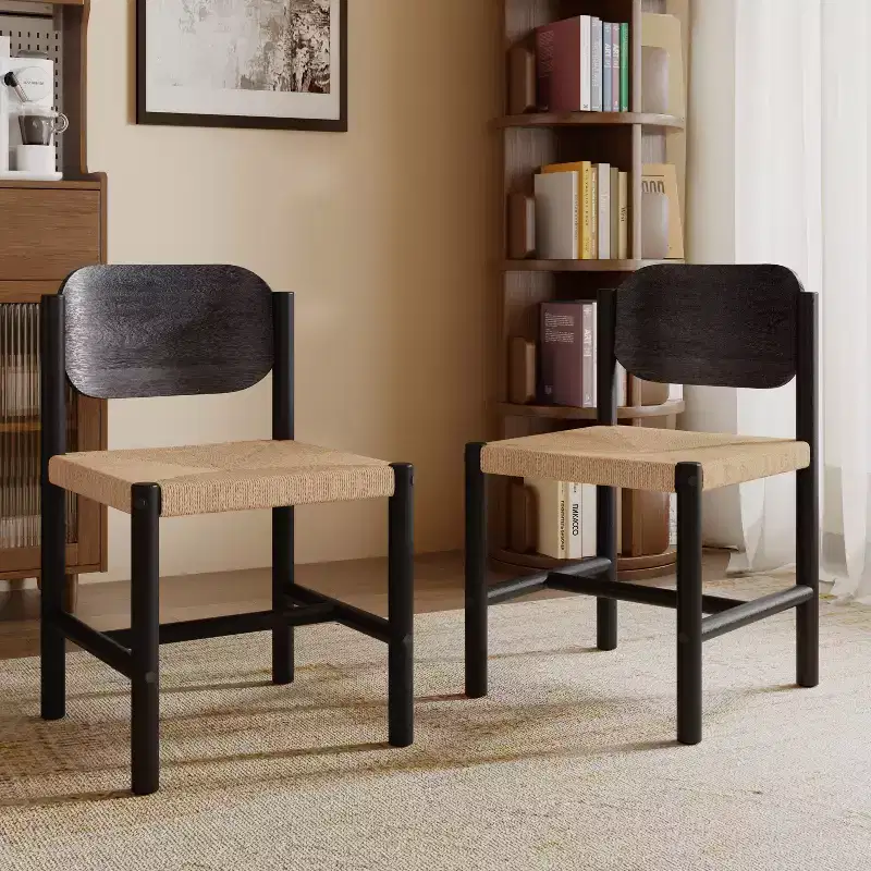 Mid-Century Modern Acacia Wood Dining Chairs with Paper Rope Weave