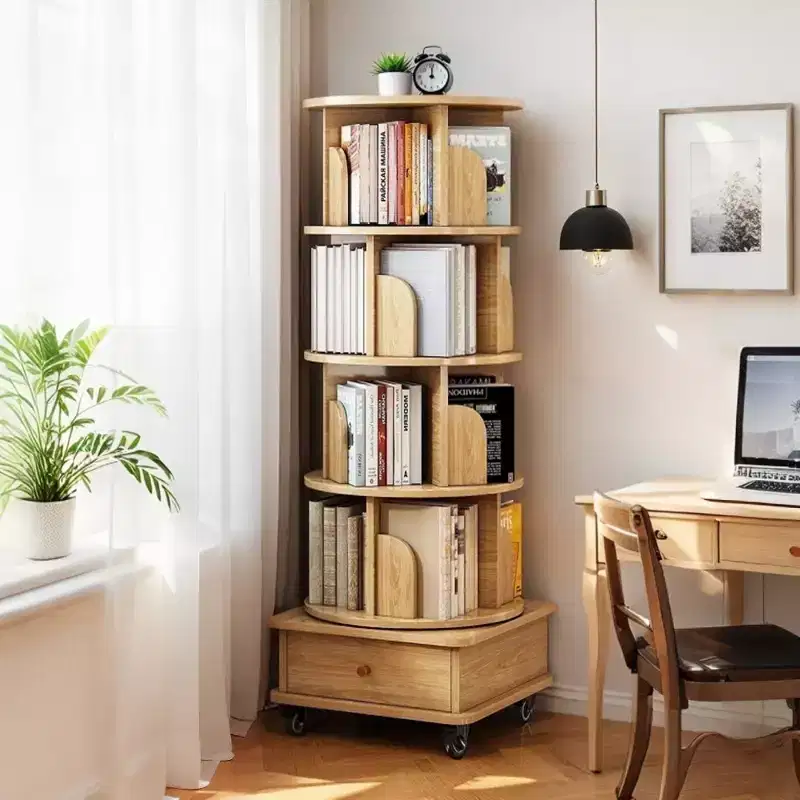 Chic Crate-5-Tier Rotating Bookshelf  360 Display | Wheels+Drawer | Space-Saver | Bedroom/Living Room/Office | Wood