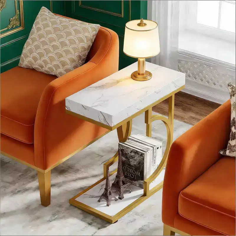 Narrow C-Shape End Table with Faux Marble Top & Metal Frame – 23.64