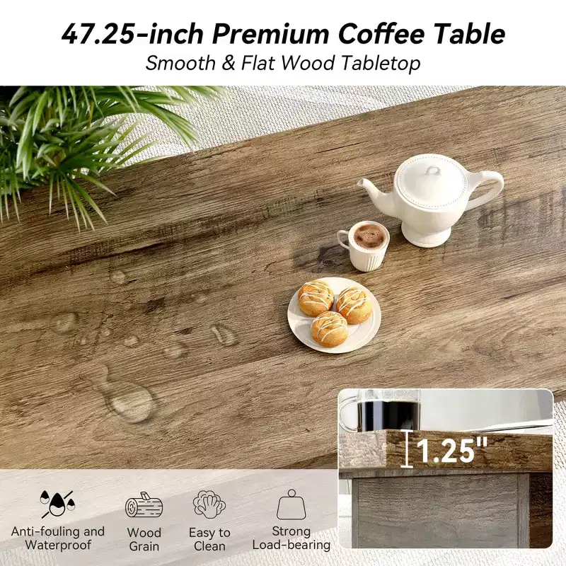 Rectangular Coffee Table, 47.25-Inch Modern Solid Wood Medium Coffee Table, Wooden Farmhouse Rustic Cocktail Coffee Table