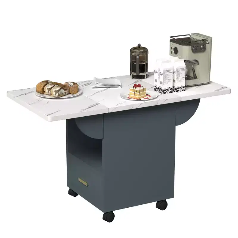 Folding Kitchen Island Table with Wheels, Marble Texture Top, Storage Drawer & Rack, 500 lb