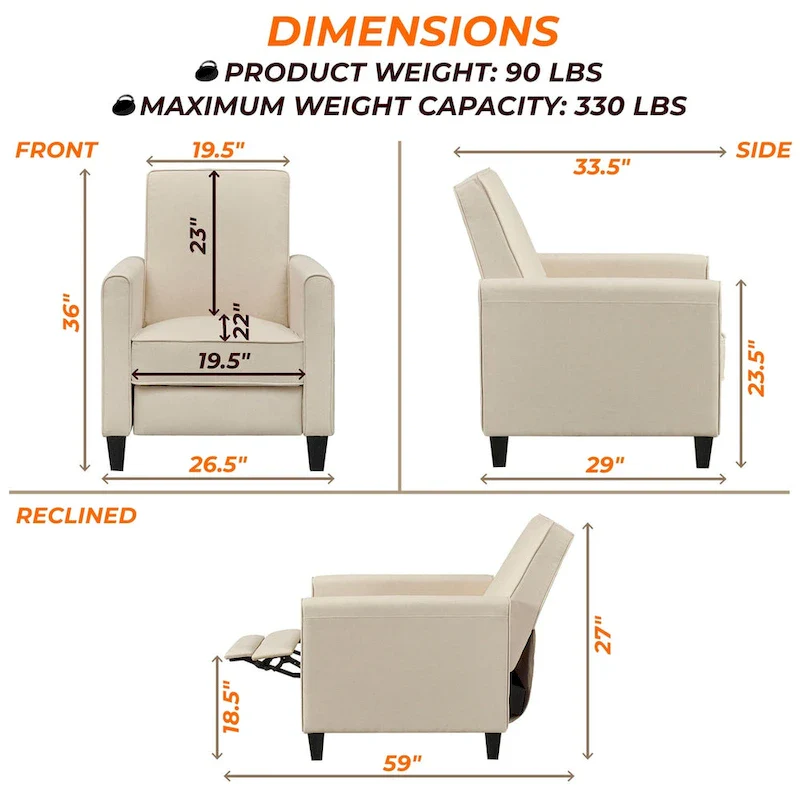 Pushback Recliner Chair with Adjustable Footrest and Padded Armrests