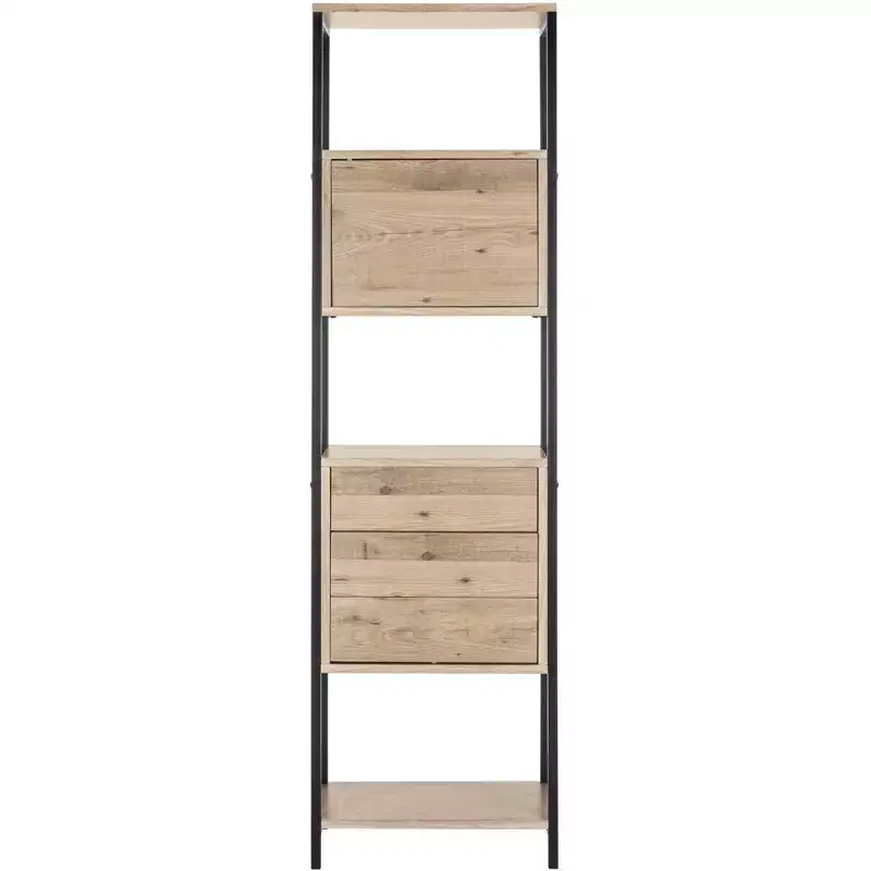 Oak and Black Iron Etagere Bookshelf with 3 Shelves, 3 Drawers and Door