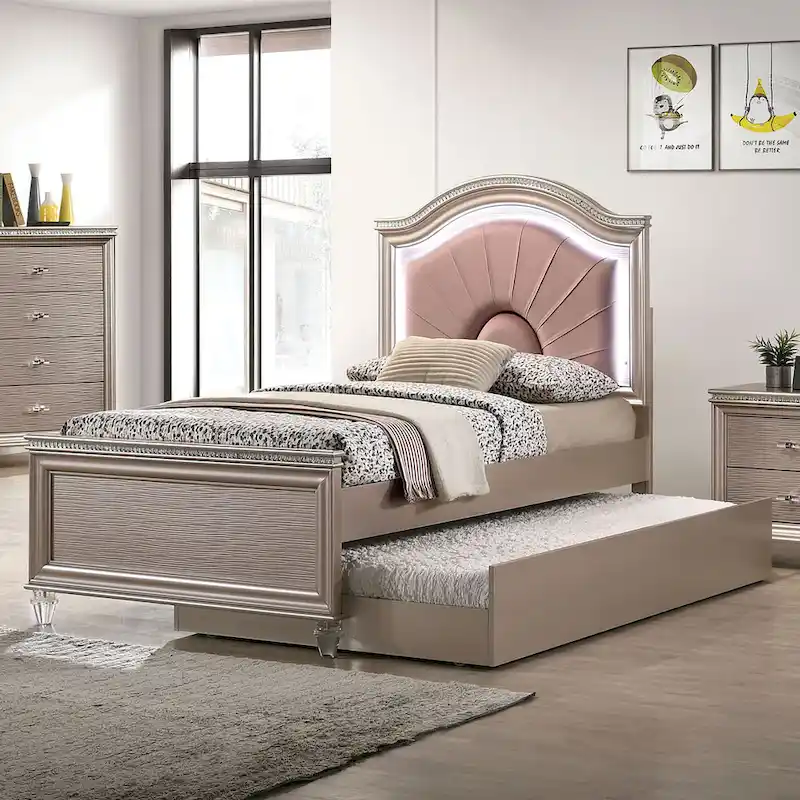 Twin/Full Glam Panel Bed with Trundle & LED Headboard, Faux Leather, No Box Spring