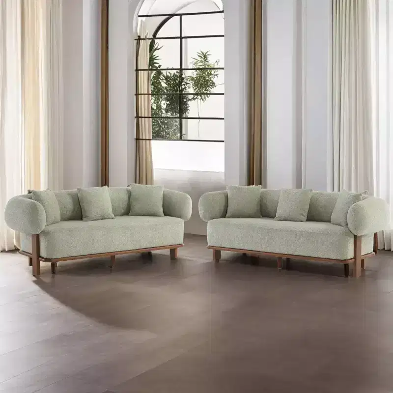 Christopher Knight Home Jose 82 " Set of 2 Rubberwood Boucle Upholstered 3 Seater Curved Sofa with Pillows Light Green