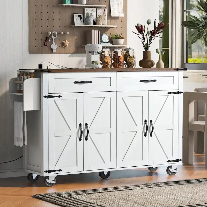 53.5 Farmhouse Kitchen Island Cart with Power Outlet, Drop Leaf, Spice Rack, and 2 Drawers, 5 Wheels