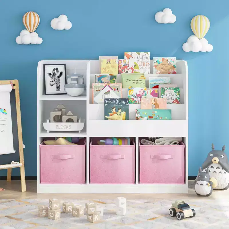 Multifunctional Bookshelf and Bookcase with 3 Collapsible Fabric Drawers, Display Stand for Bedroom Playroom, White Pink
