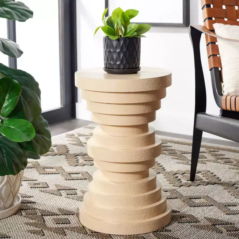 Round Sculptural Accent Table – Stacked Disc Design, Yellow, MDF