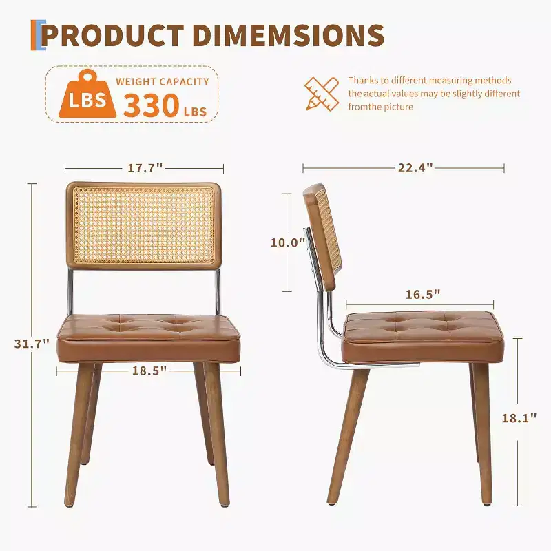 Natural Rattan Dining Chair Set of 2, Modern Bohemian Style Kitchen Chairs with Full Wood Back and Legs and Upholstered Seat for Dining Room