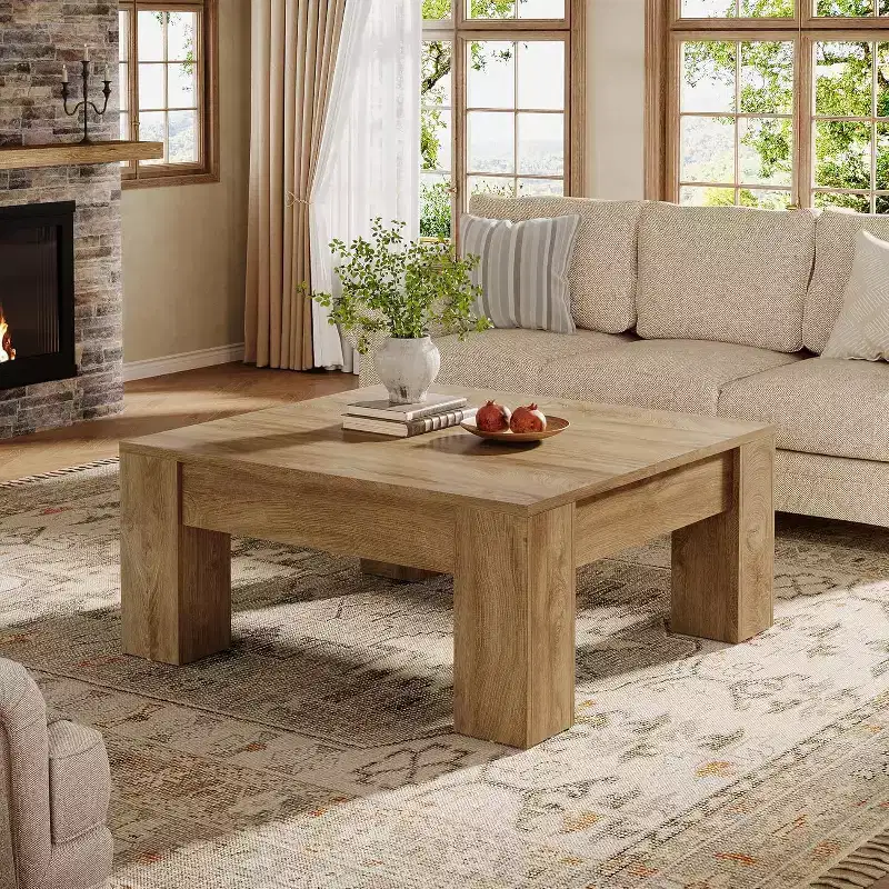 Lantine 39-Inch Square Coffee Table, Farmhouse Wooden Living Room Tables with Sturdy Legs, Accent Center Table, Easy Assembly,