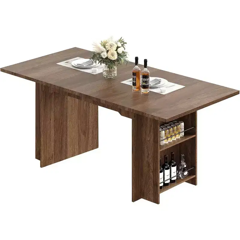 CuisinSmart Farmhouse Dining Table With 4 Spacious Storage Shelves, Rustic Wooden Rectangular Kitchen Table, Seats 4-6