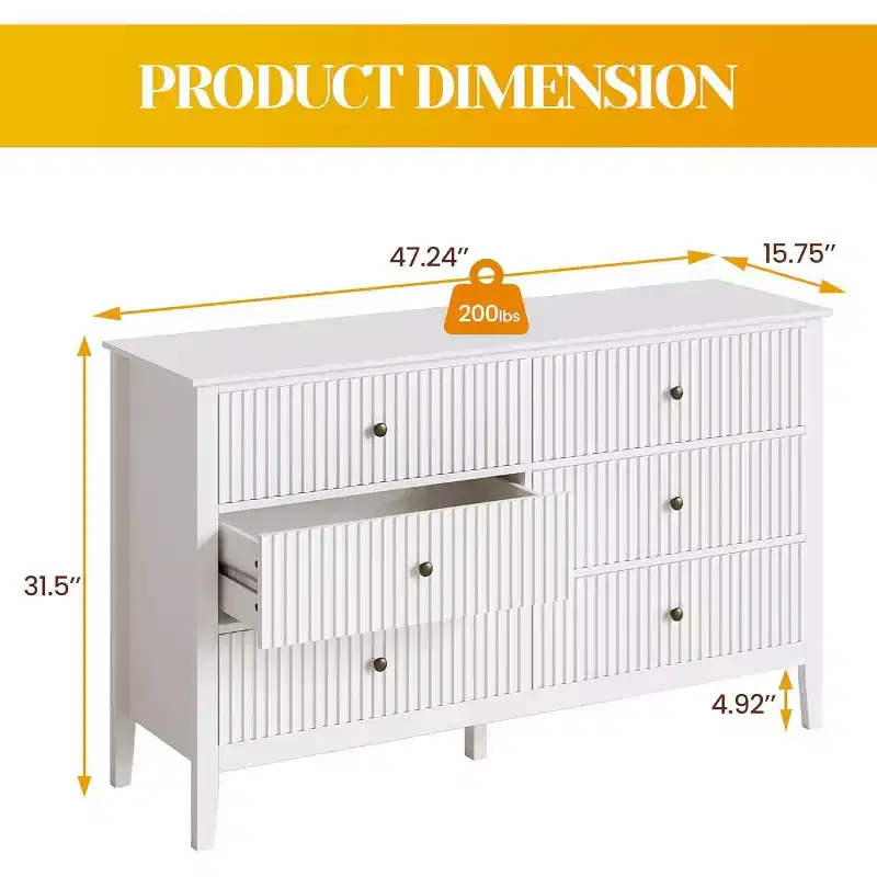 Heynemo Fluted 6 Drawer Dresser, Modern Closet Organizer Dressers, Double Chest of Drawers with Soft Close Drawers, Wood Storage Cabinet, White