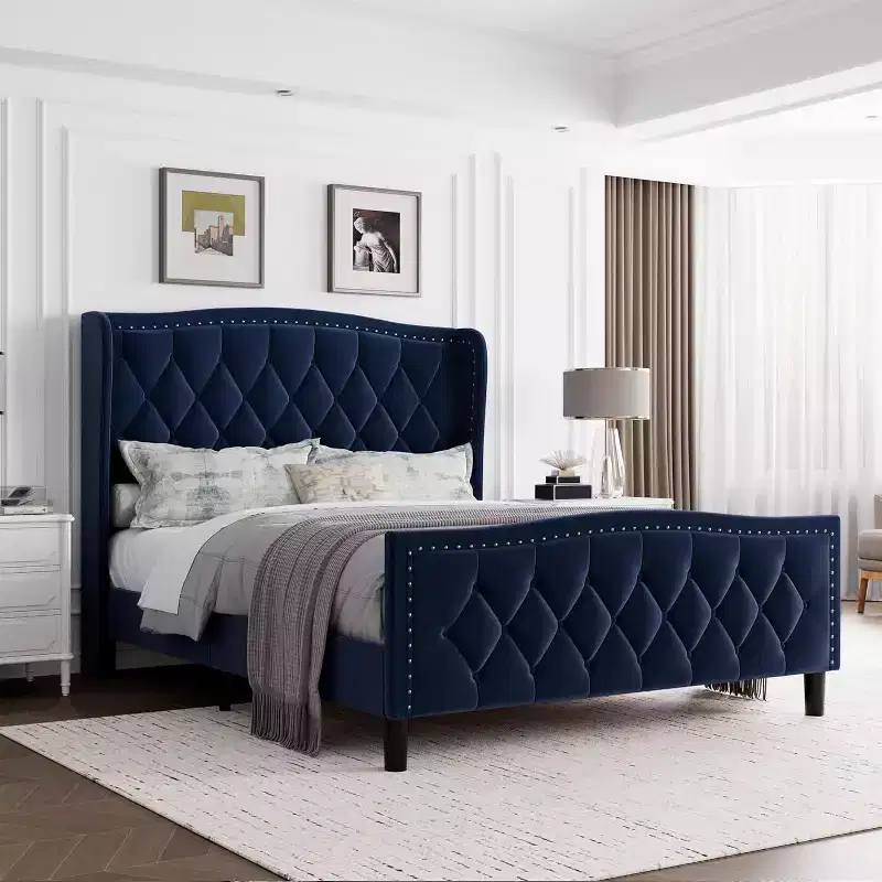 Black Full-Size Upholstered Platform Bed with Wingback Headboard & 4 Drawers, For 1 Person