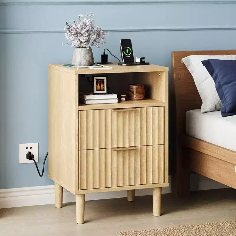 2 Drawer Oak P2 MDF Nightstand Grid Panel 1 Shelf 15.7x13.8x23.6 Inch