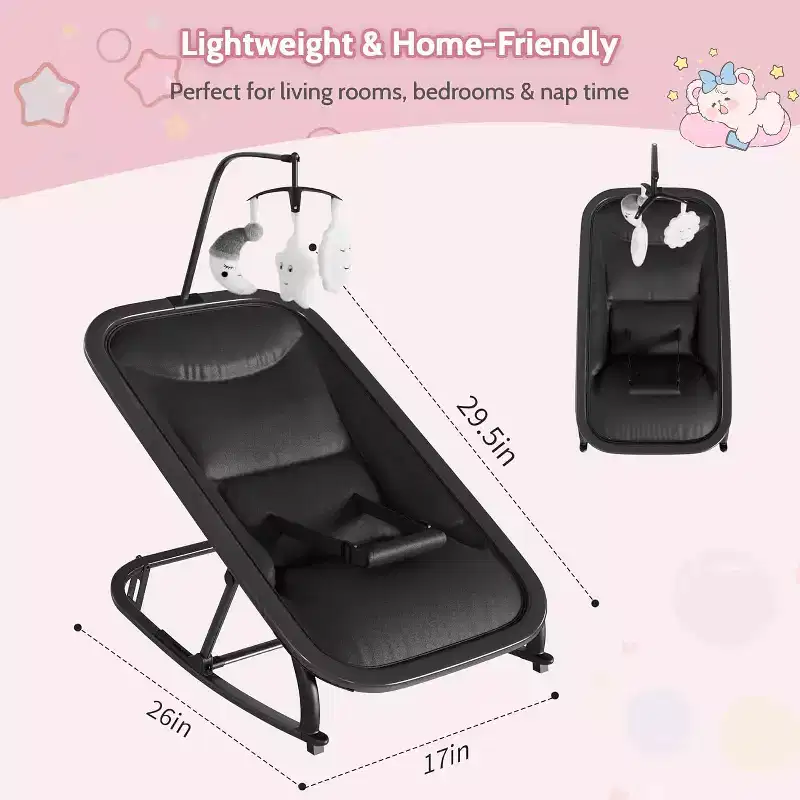 Baby Rocking Bassinet  Infant Swing with Safety Harness & Hanging Toys, Black Soft Padded Newborn Lounger for Babies & Toddlers