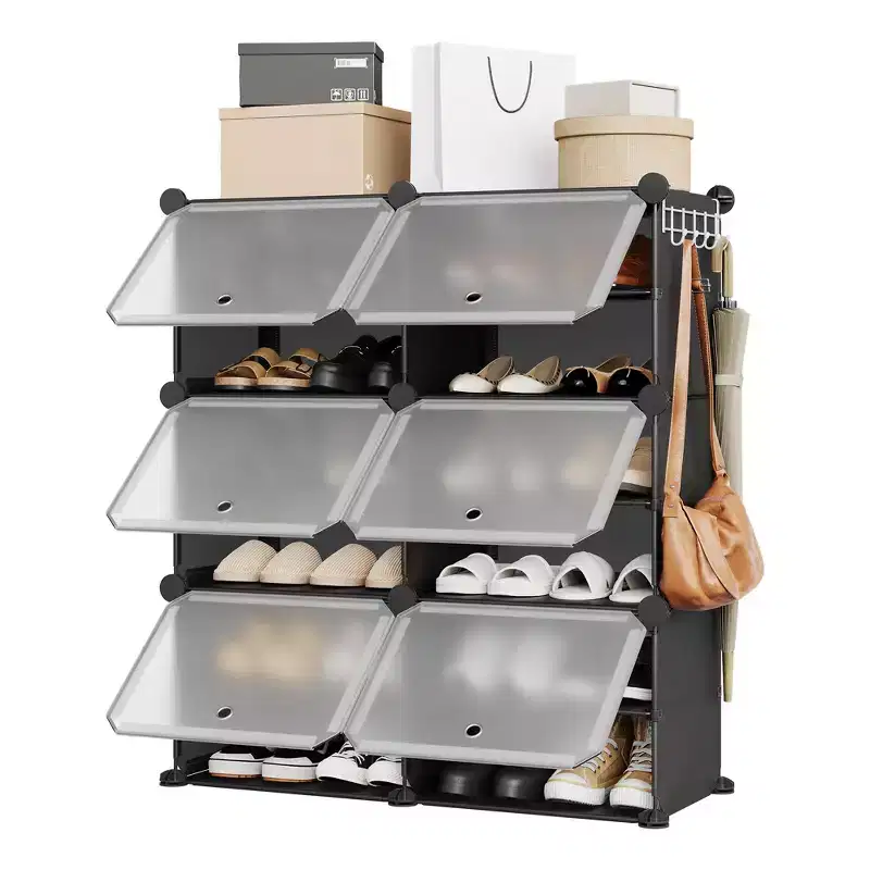 6-Tier Double Row Shoe Rack Organizer with Hooks, Freestanding 12-Cubby Footwear Storage Shelf Unit for Closet Entryway & Bedroom, Black