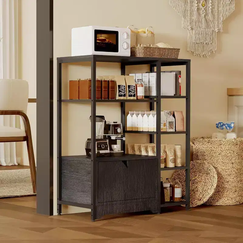 5-Tier Kitchen Bakers Rack with Cabinet, 38.2 Inch Freestanding Microwave Stand Organizer with Shelves, Coffee Bar Station for Kitchen,Office