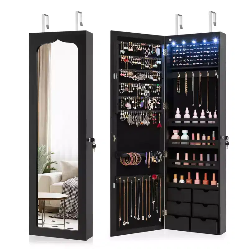 Costway Wall Door Mounted LED Mirror Jewelry Cabinet Lockable Armoire w/6 Drawers Black