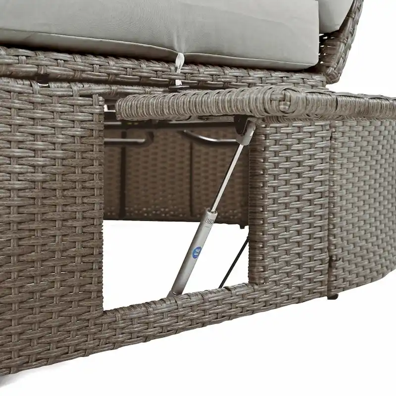 Rattan Patio Daybed with Cushions, Reclining Chaise Lounge, Foldable Trays
