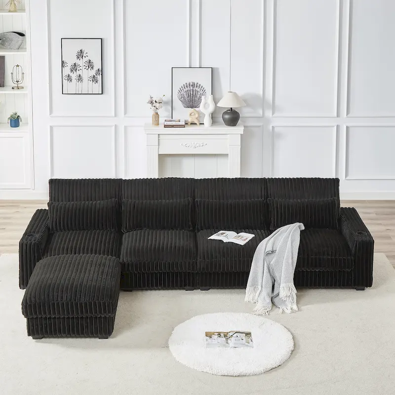 126W Corduroy Large L-Shaped Sofa With USB Port